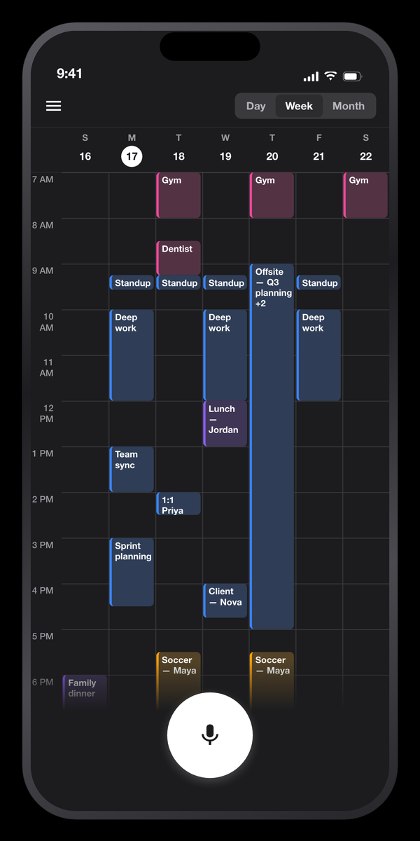 Saydo week view with events color-coded by category