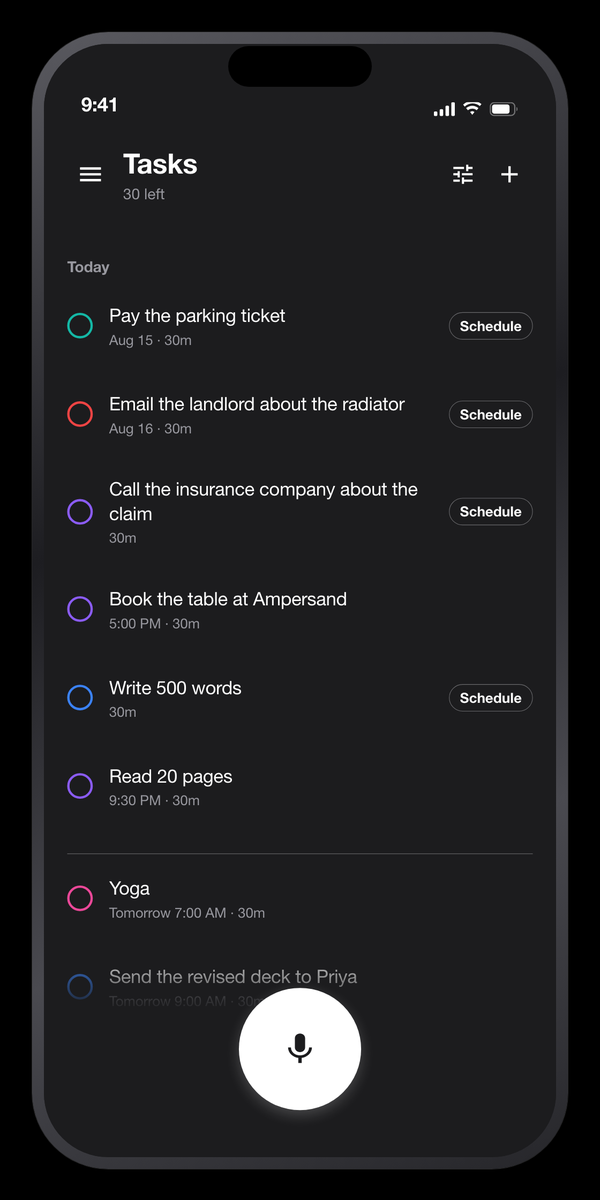 Saydo task list with today at the top and later items below a divider