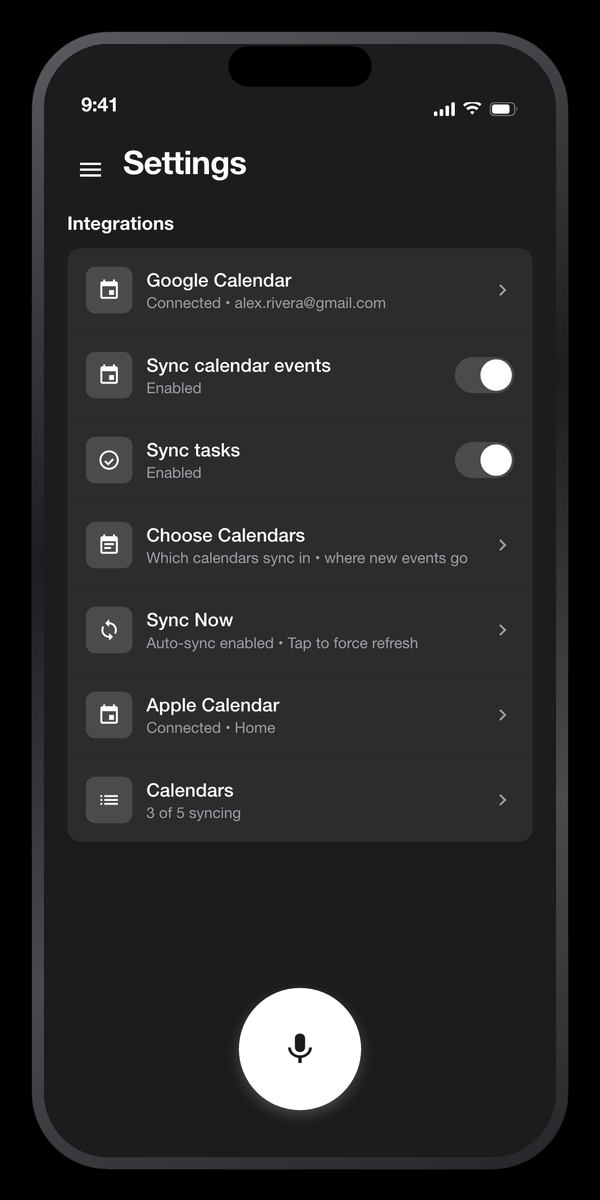 Saydo calendar settings showing two-way Google Calendar sync and calendar selection